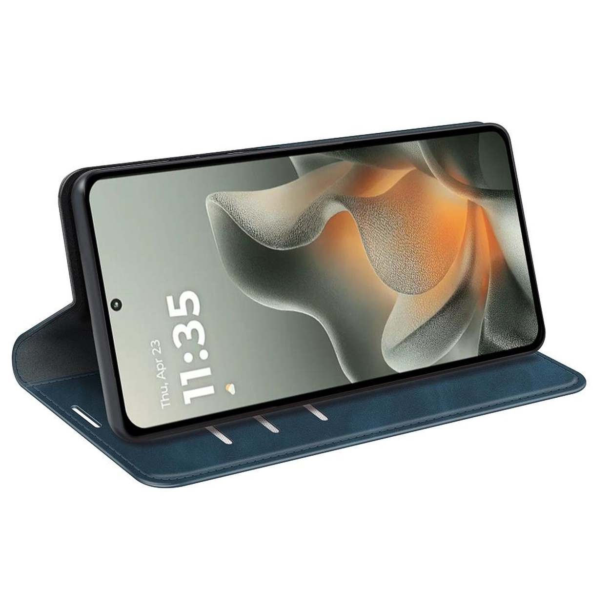 Een blauwe smartphone in een open hoesje, scherm toont 11:35.