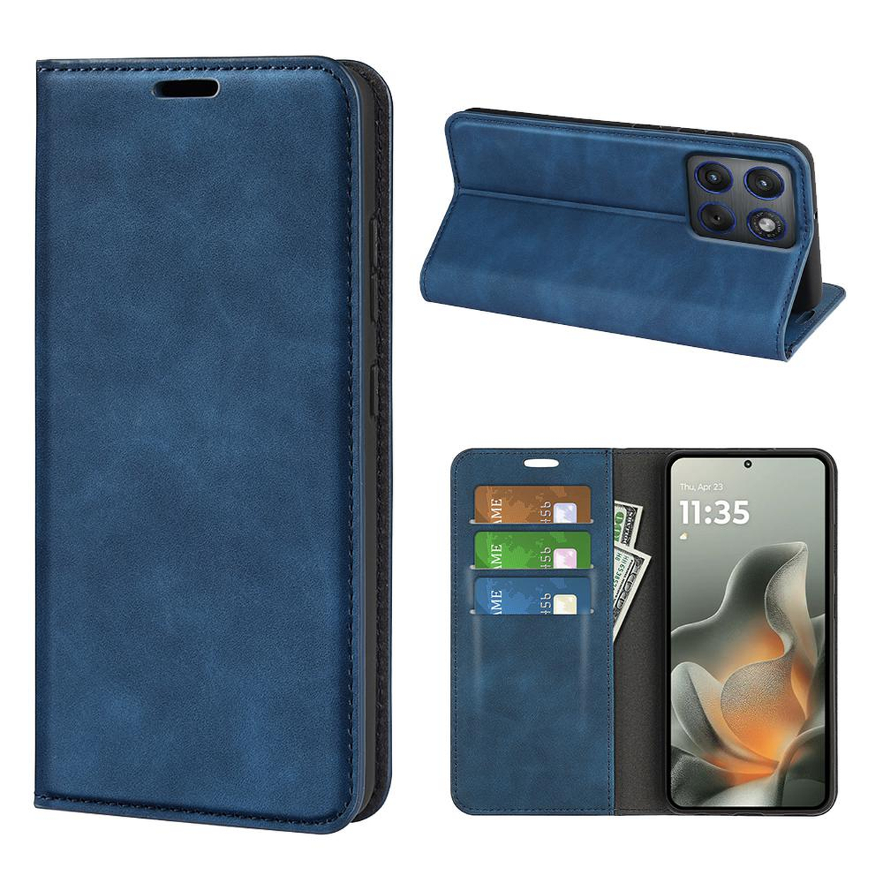 Blauw leren flip hoesje met kaarthouders en telefoon.