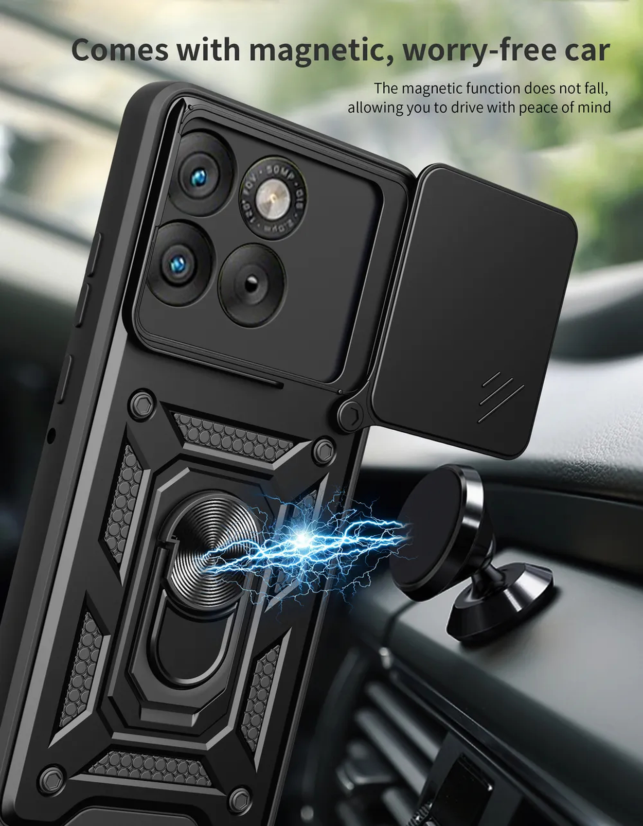 Coque de téléphone noire avec support magnétique pour voiture. Cache objectif et support anneau.