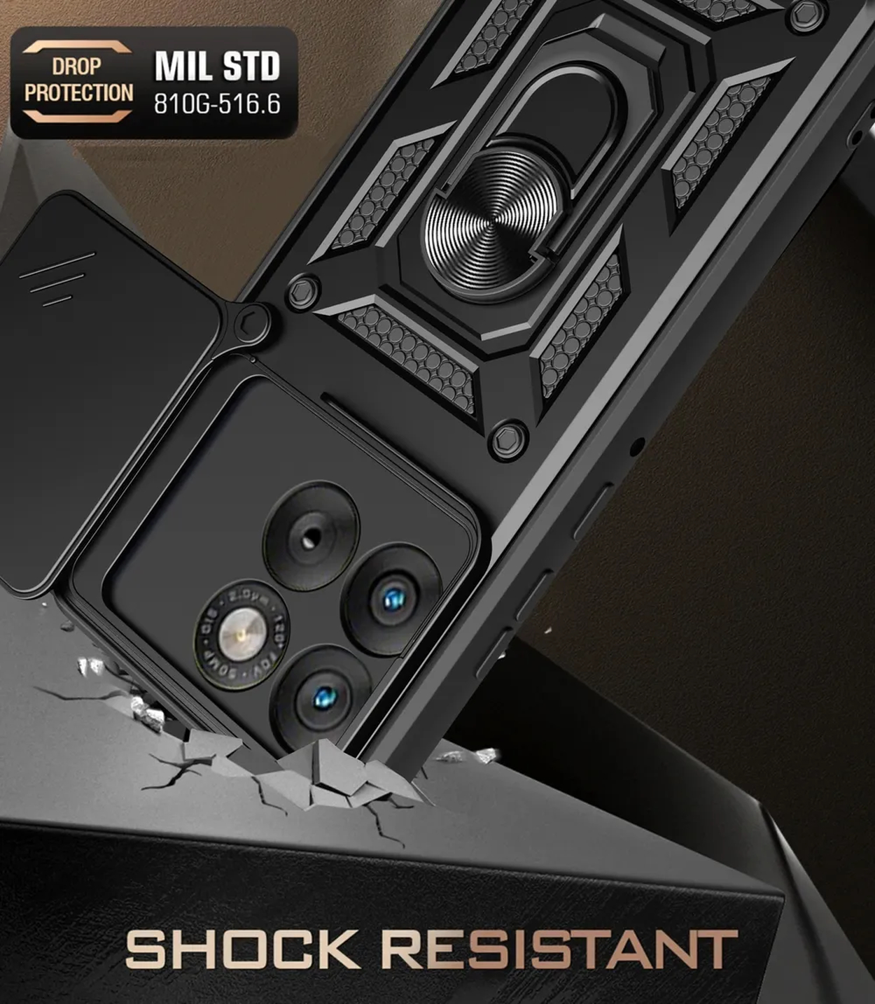 Coque de téléphone noire avec protection anti-chute MIL STD et texte résistant aux chocs.