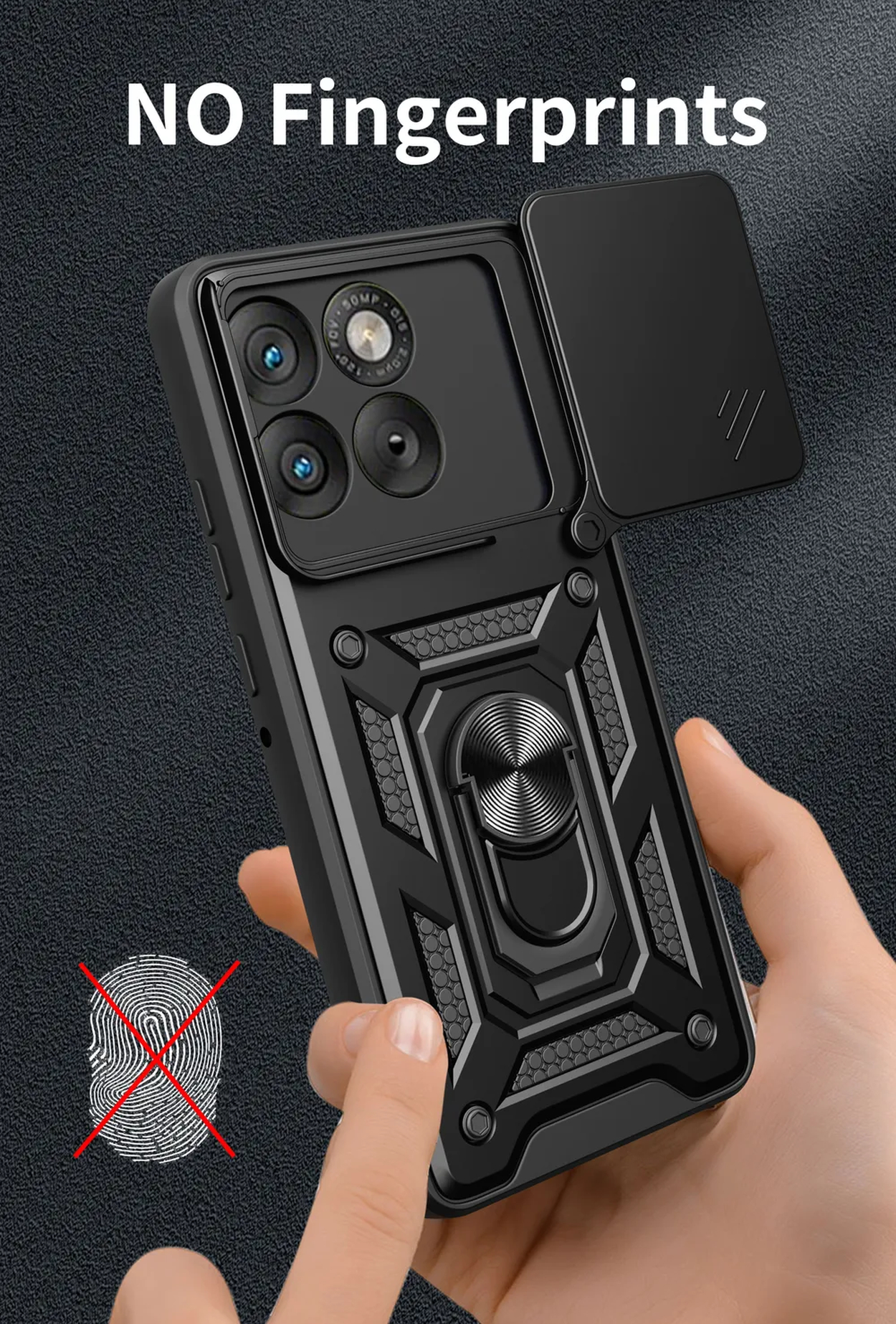 Coque de téléphone noire avec support bague, cache caméra et icône empreinte.
