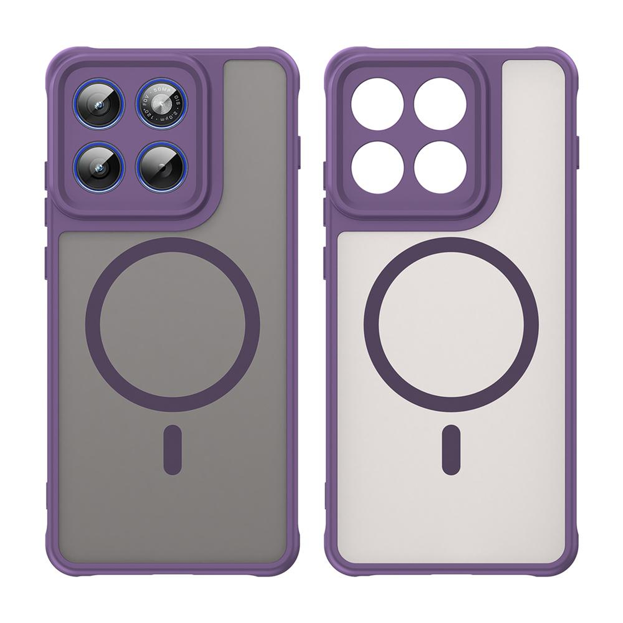 Twee paarse telefoonhoesjes naast elkaar, met cameramodule en magneetring.