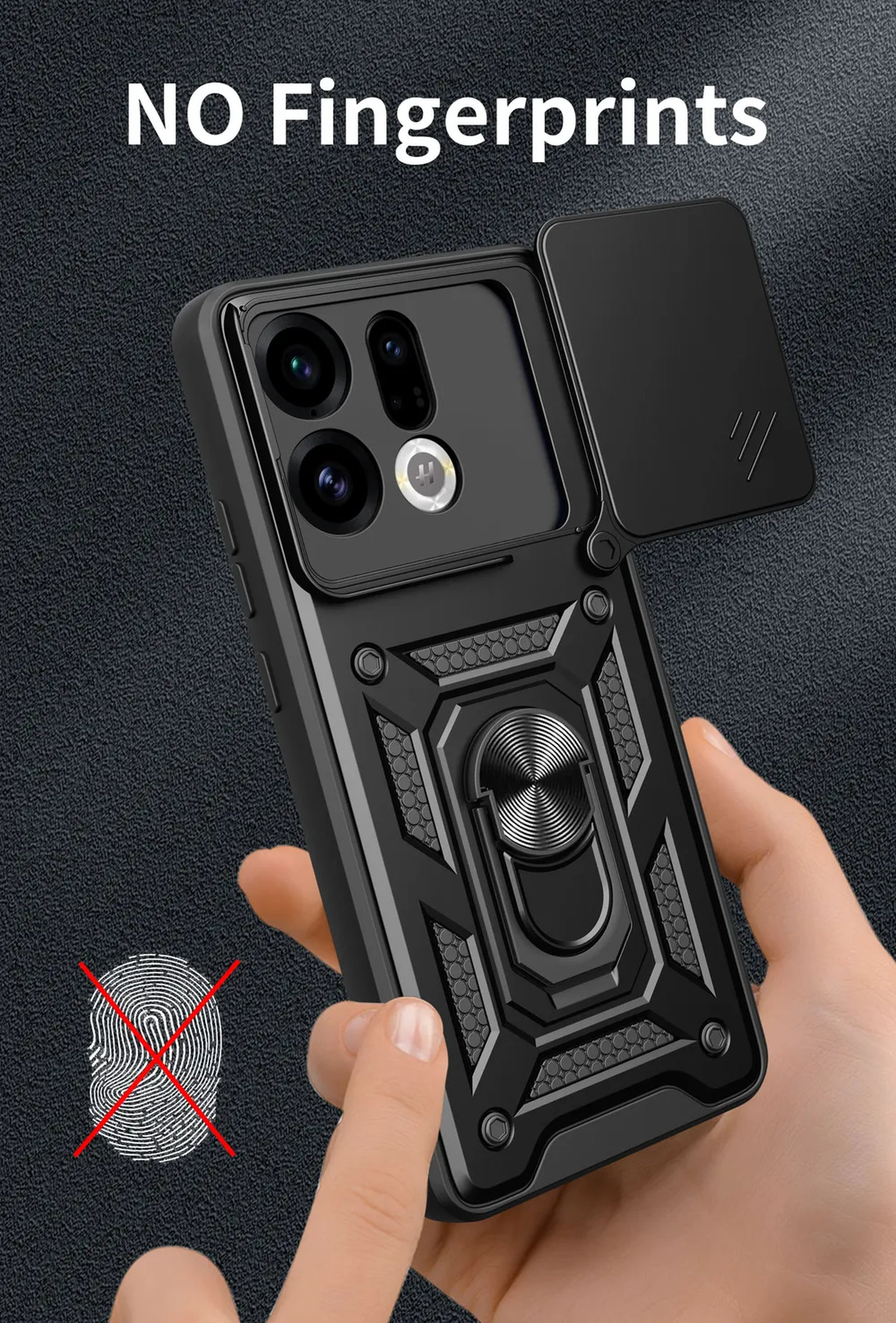 Zwarte telefoonhoes met ringhouder, camerabeschermer en vingerafdruk symbool.