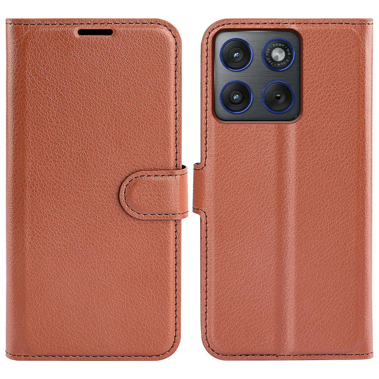 Étui de téléphone en cuir marron ouvert, montrant le bloc caméra.