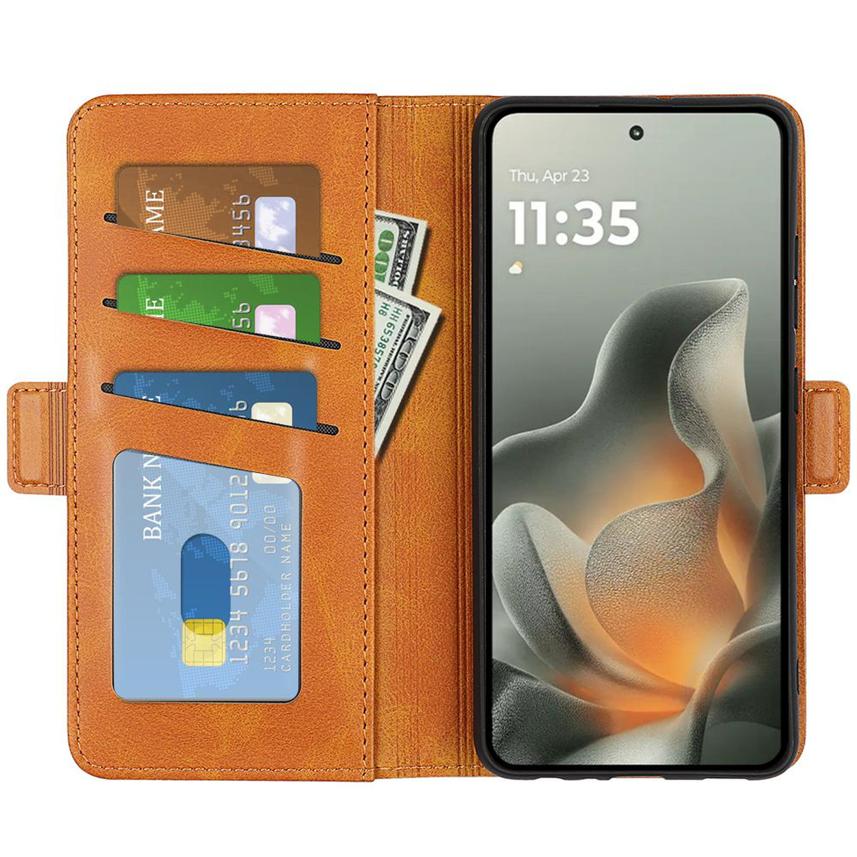 Een bruine portemonneehoes voor een smartphone met kaartsleuven en geldvakken.