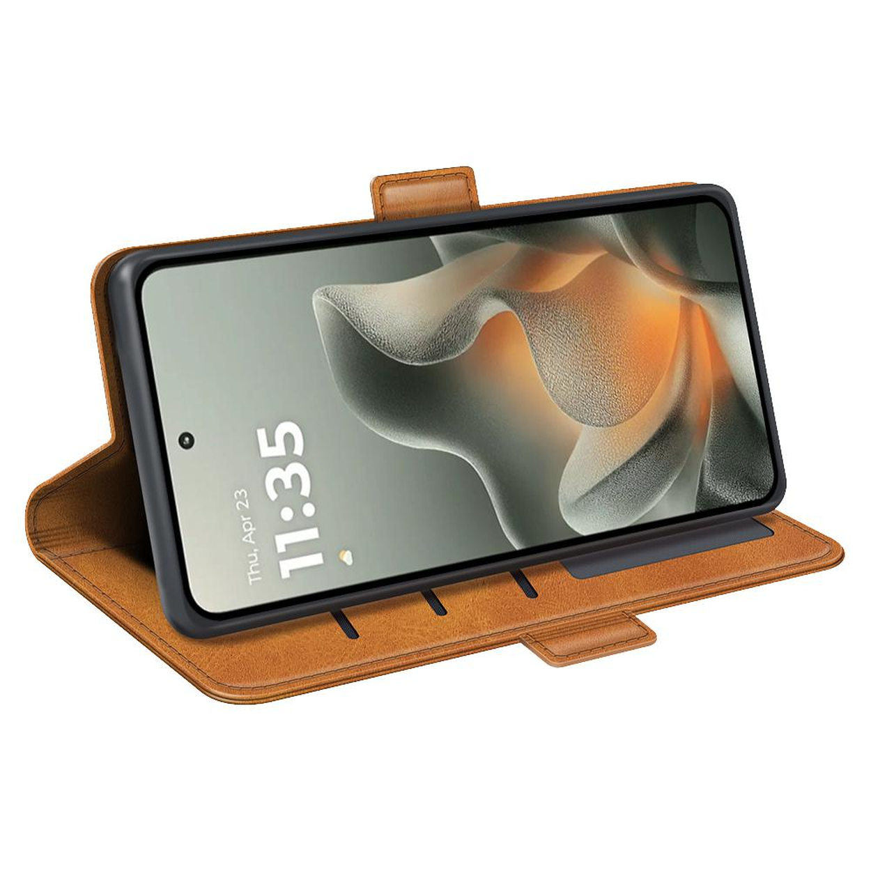 Een bruine lederen hoes met een smartphone die het startscherm weergeeft.
