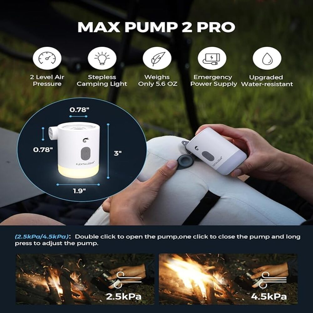 Ein weißer MAX PUMP 2 PRO mit Maßen und Funktionen, der eine Luftmatratze aufpumpt.