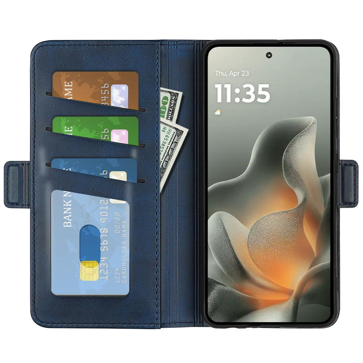 Blauwe portemonnee met kaarten, geld en open smartphone met tijd.