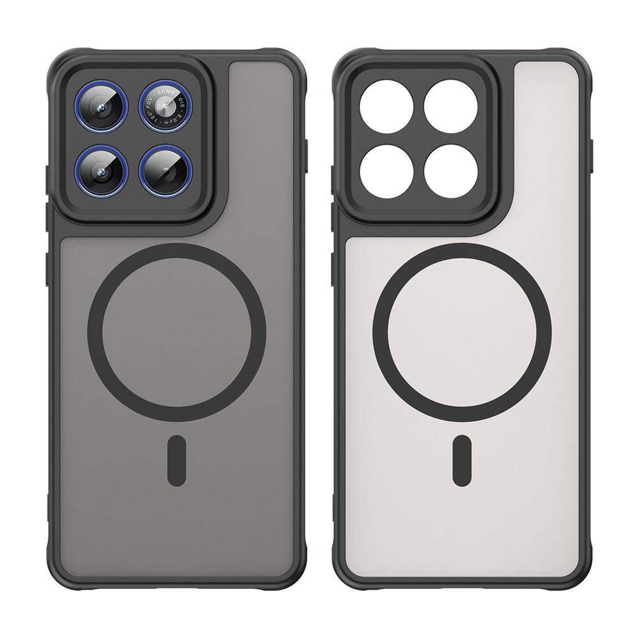 Twee telefoonhoesjes, één grijs, één gebroken wit, met camera-uitsparingen en magneetringen.