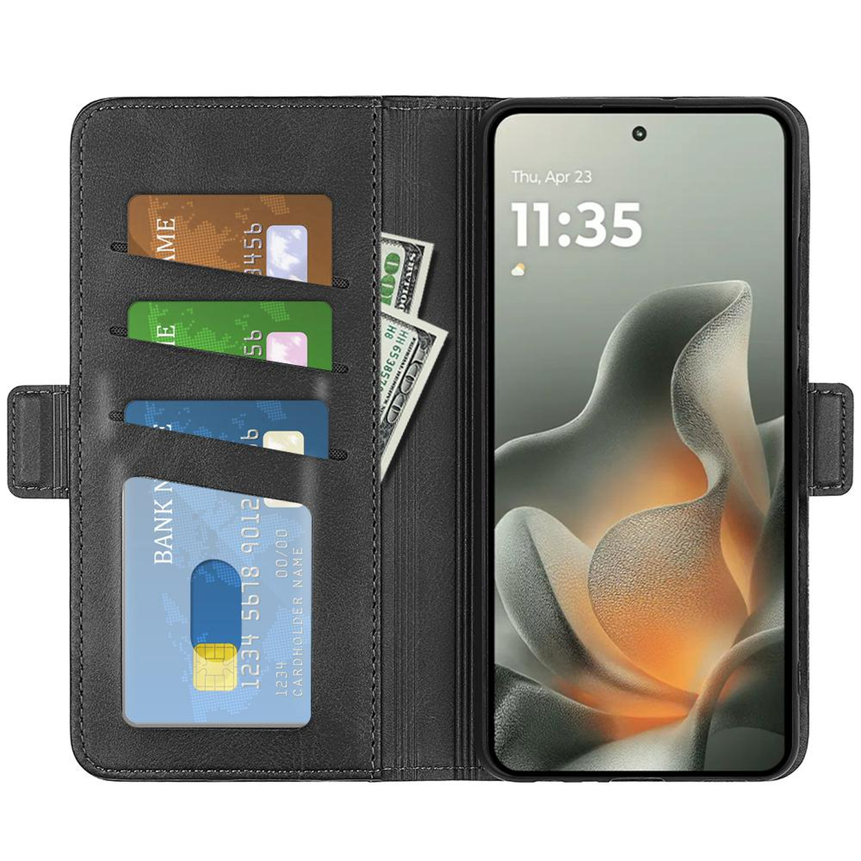 Étui portefeuille noir pour téléphone avec fentes pour cartes et argent. L'écran affiche 11h35.