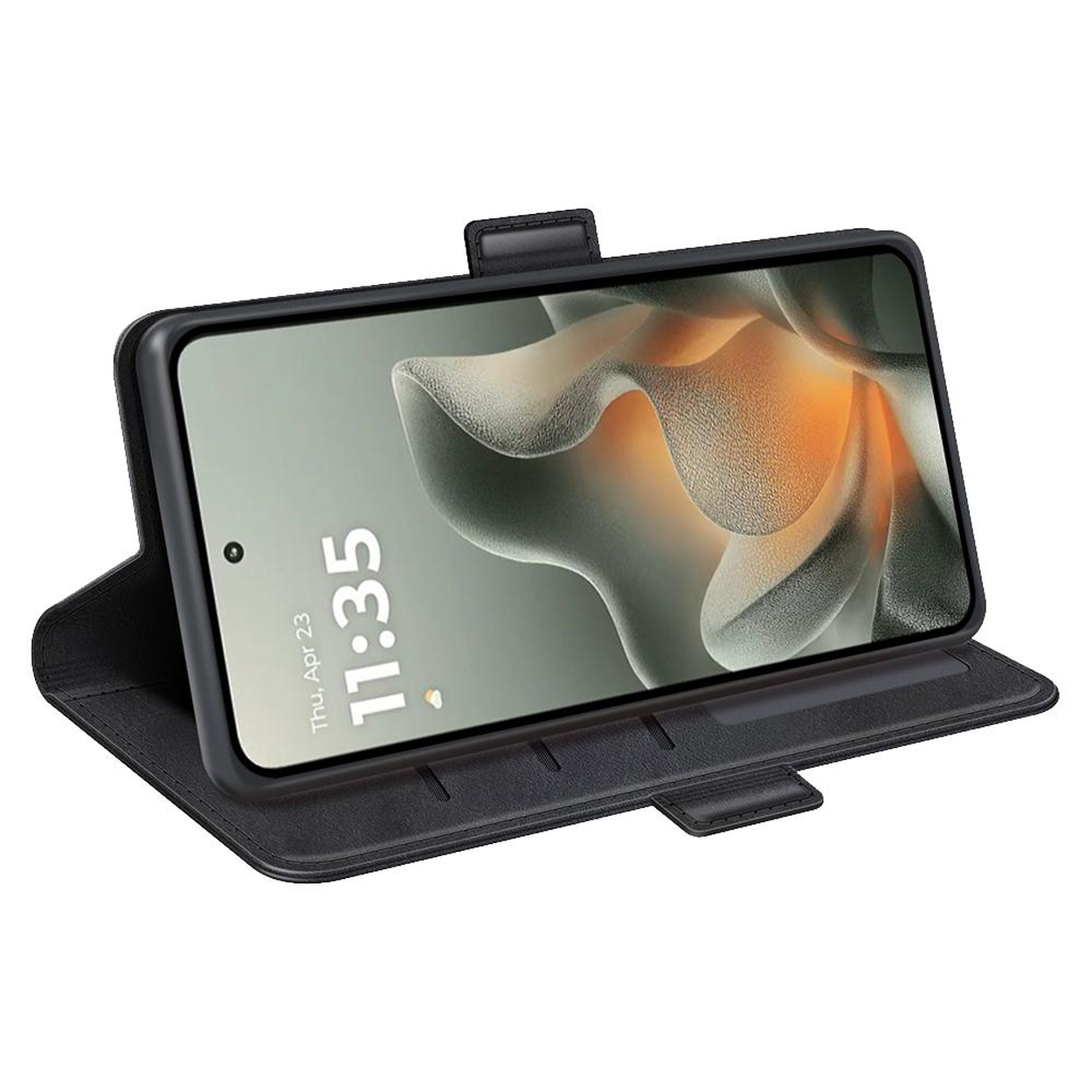 Un téléphone à clapet noir avec un fond moderne affiché sur son écran.