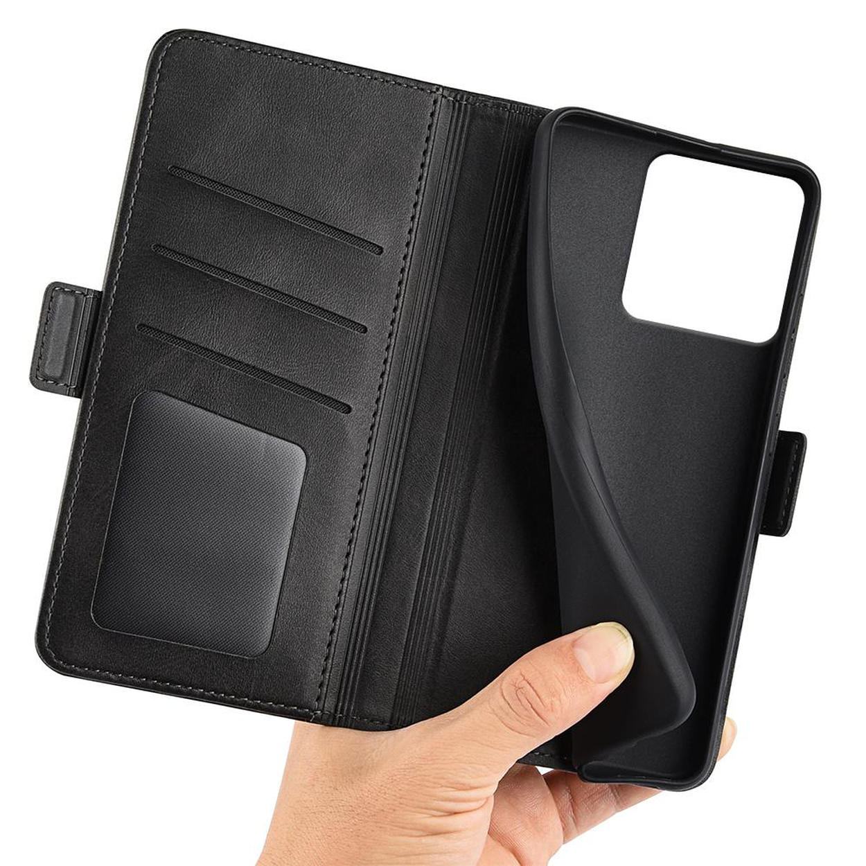 Étui de téléphone noir style portefeuille avec fentes pour cartes et support.