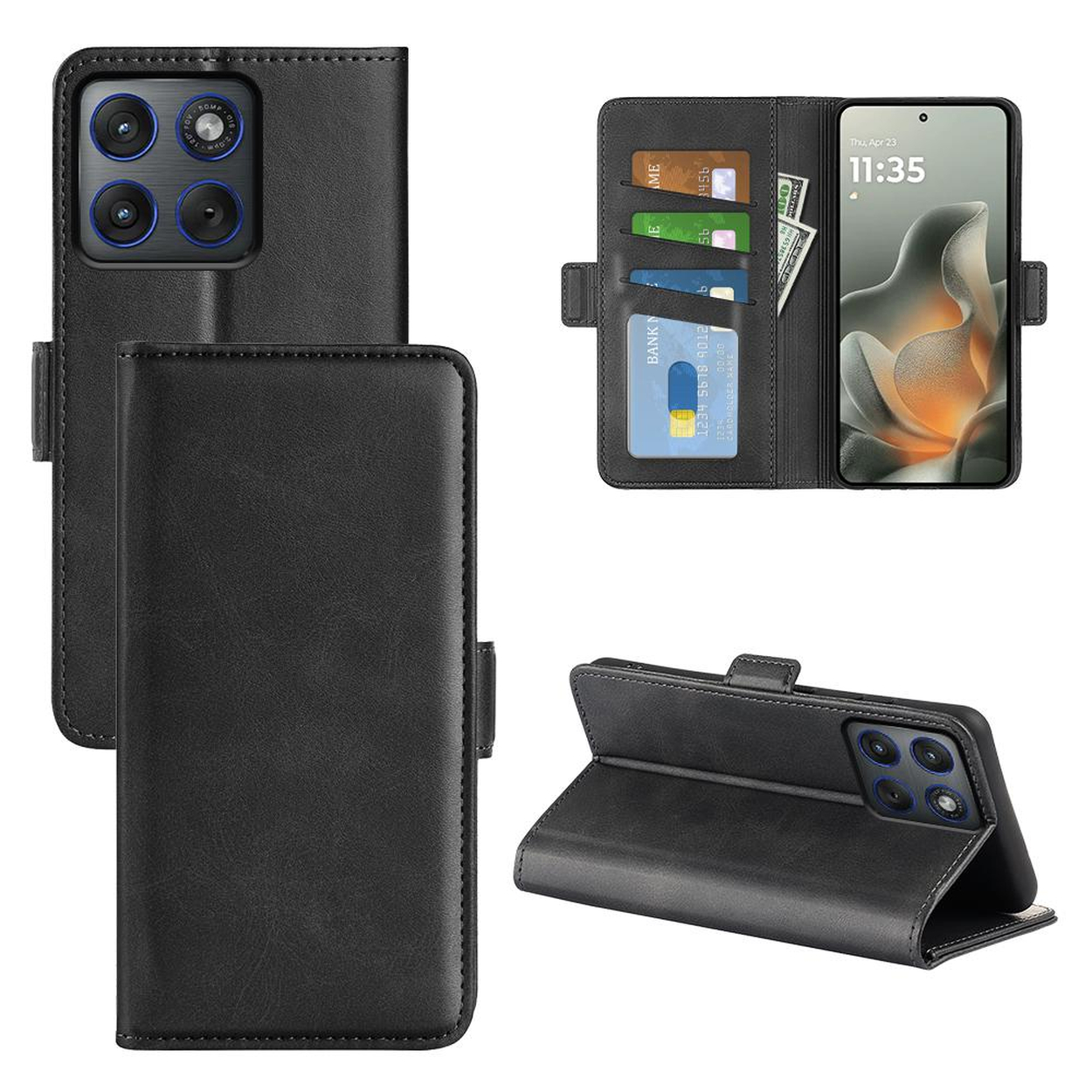 Étui portefeuille noir en cuir montrant téléphone, cartes et argent.