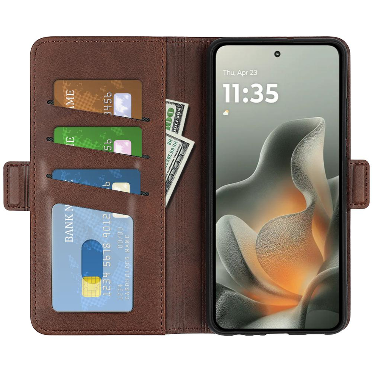 Étui portefeuille marron avec cartes de crédit et dollars, téléphone affiche l'heure.