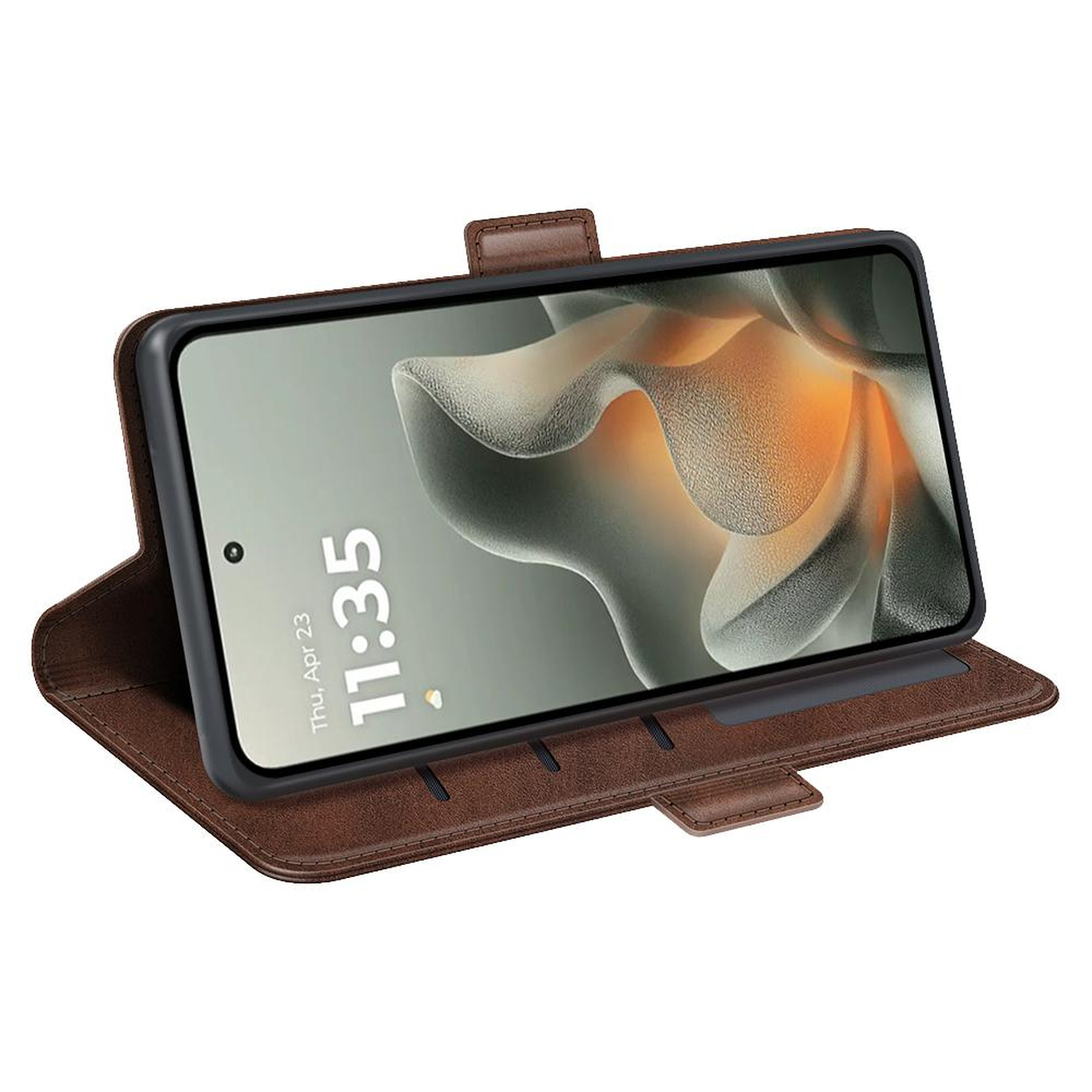 Étui à rabat en cuir marron pour smartphone avec écran ouvert affichant l'heure.