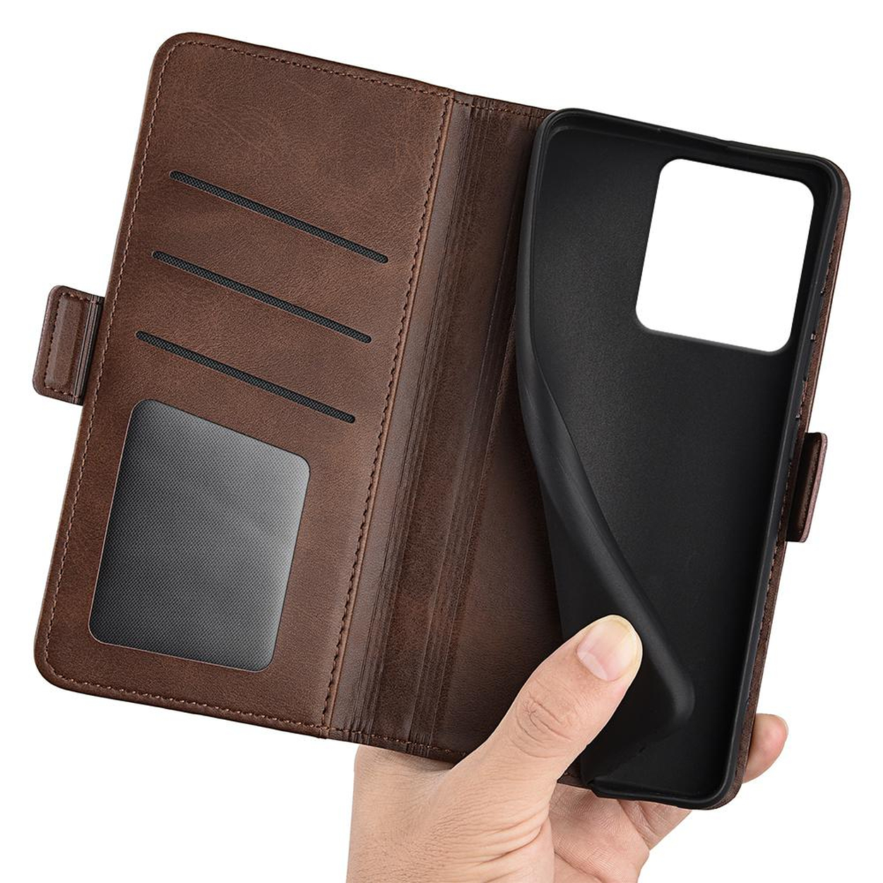 Étui de téléphone en similicuir marron avec fentes pour cartes.