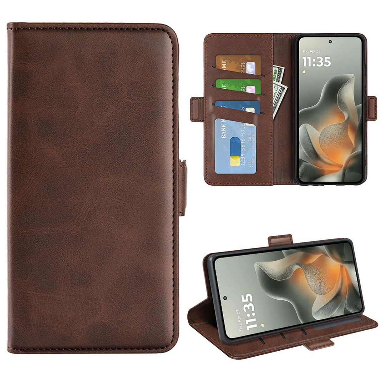Étui portefeuille marron en cuir pour téléphone avec cartes, espèces et téléphone affichant 11:35.