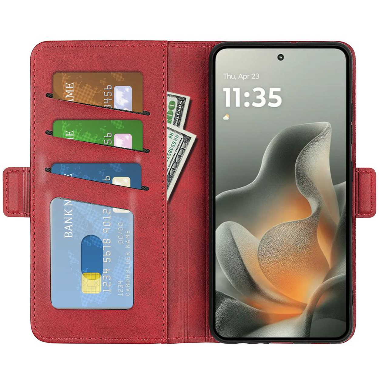 Portefeuille de téléphone rouge avec fentes pour cartes et argent. Téléphone affiche l'heure.