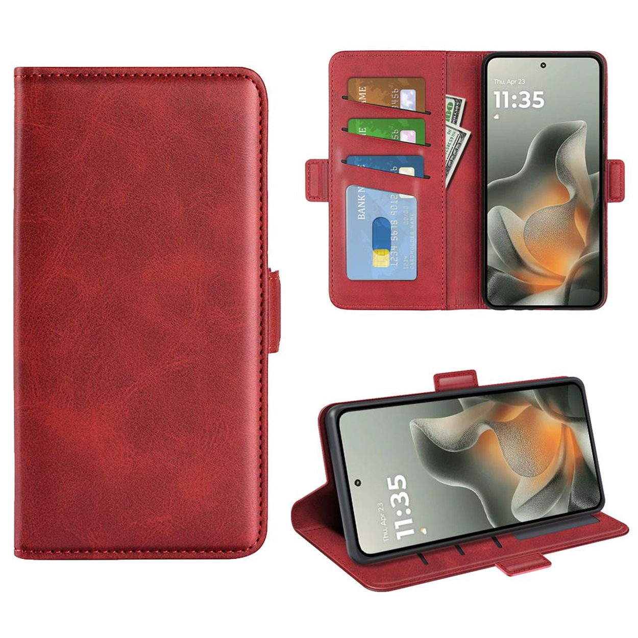 Étui portefeuille pour téléphone en cuir rouge avec cartes et téléphone, montrant l'écran et les fentes intérieures.