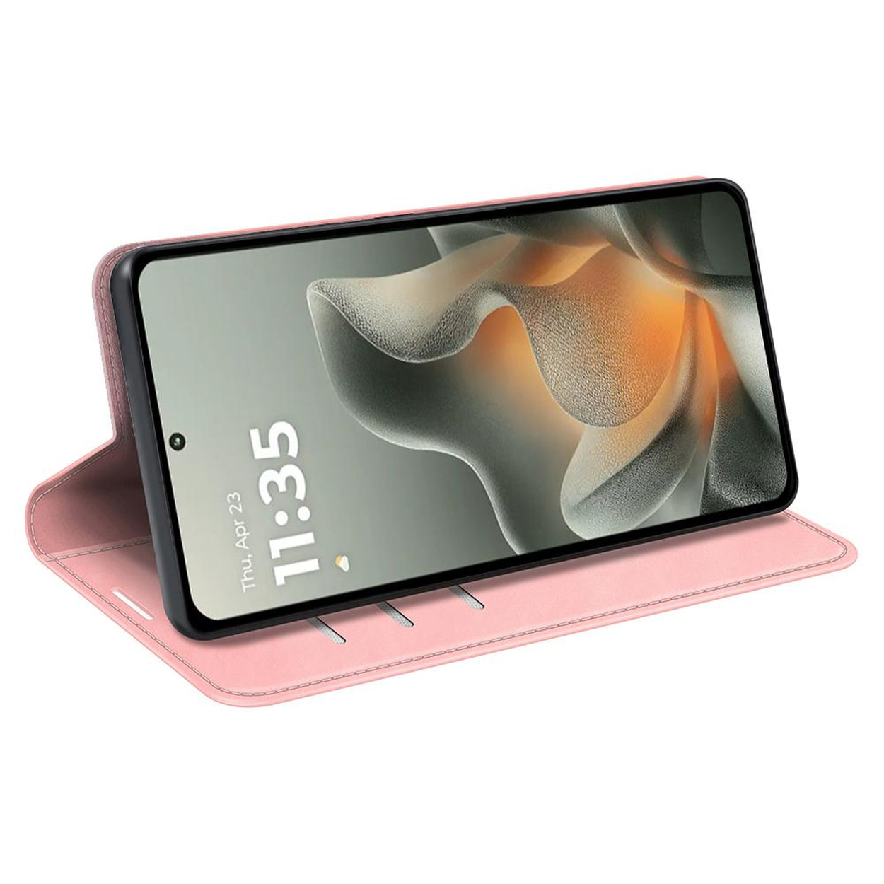 Een roze telefoonhoes met een smartphone die horizontaal wordt weergegeven.