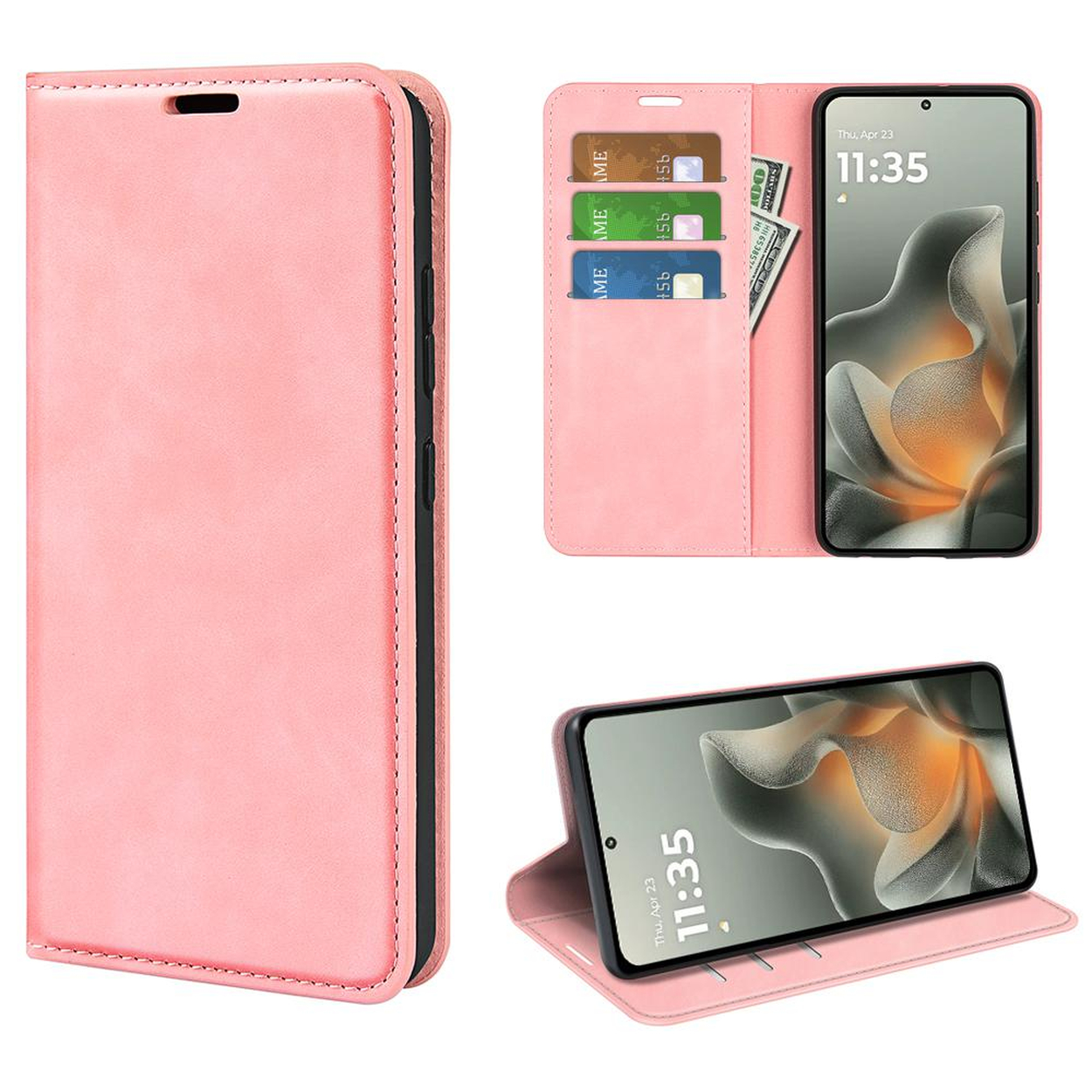 Roze telefoonhoes open, toont telefoon, kaarten en contant geld. Telefoon toont 11:35.
