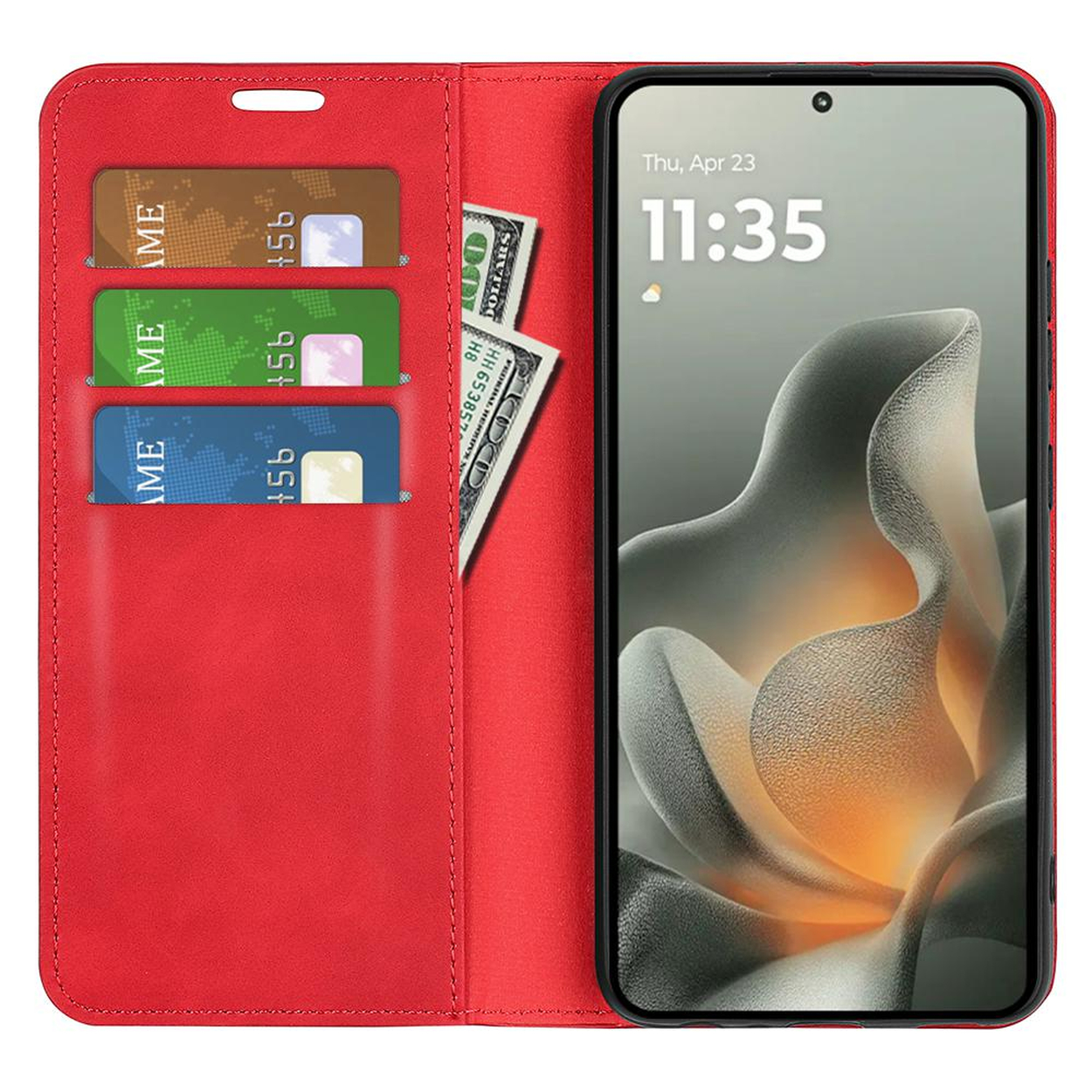 Étui de téléphone rouge avec fentes pour cartes et argent. L'écran affiche l'heure.