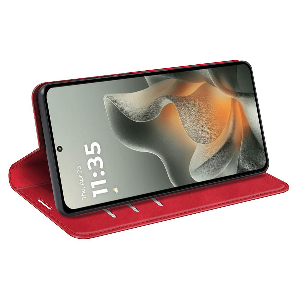 Étui à rabat rouge pour smartphone avec un téléphone affichant l'heure sur son écran de verrouillage.