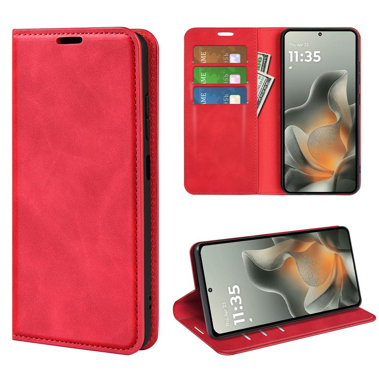 Étui rouge pour téléphone à clapet avec fentes pour cartes et argent.