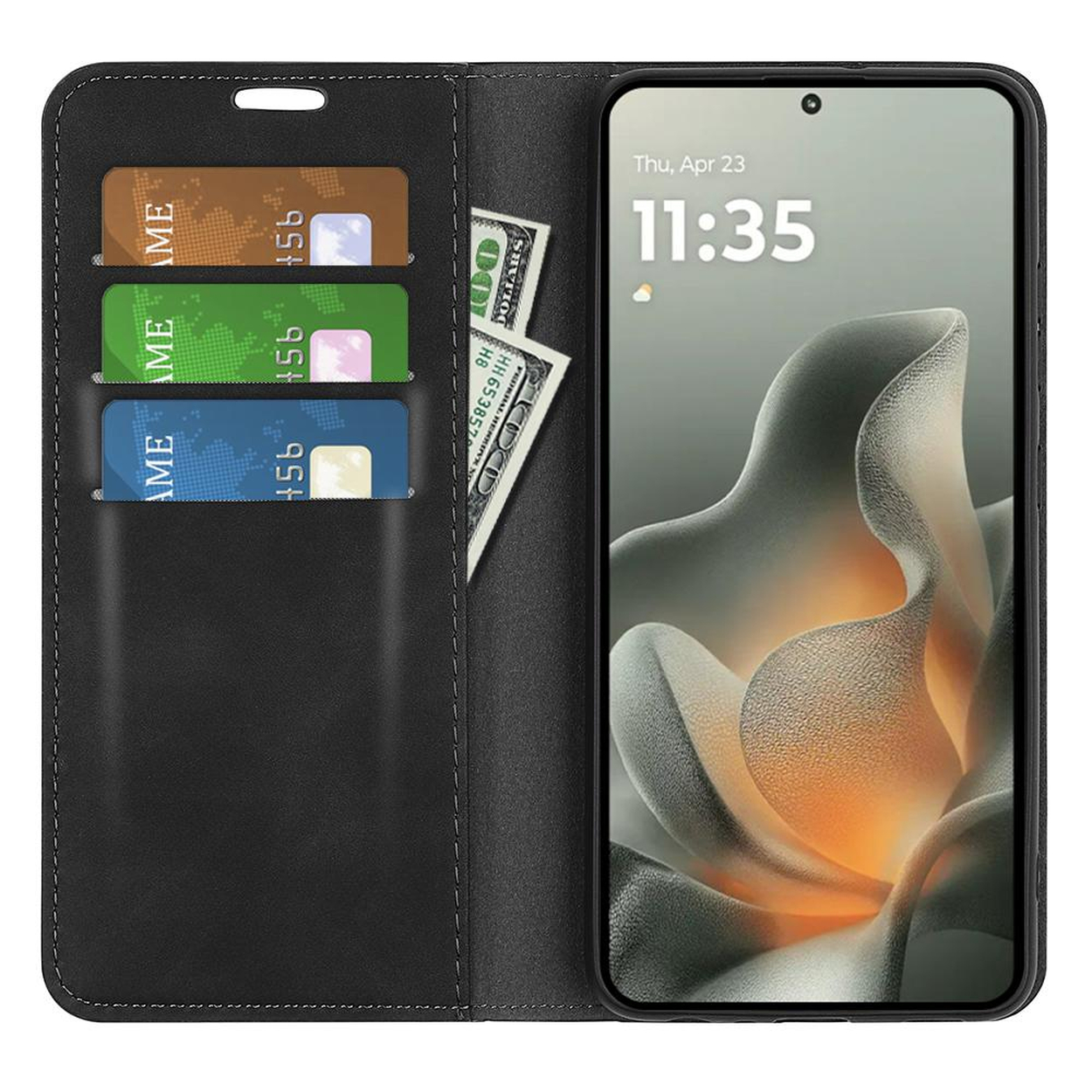 Étui de téléphone noir avec fentes pour cartes et argent, ouvert montrant l'écran.