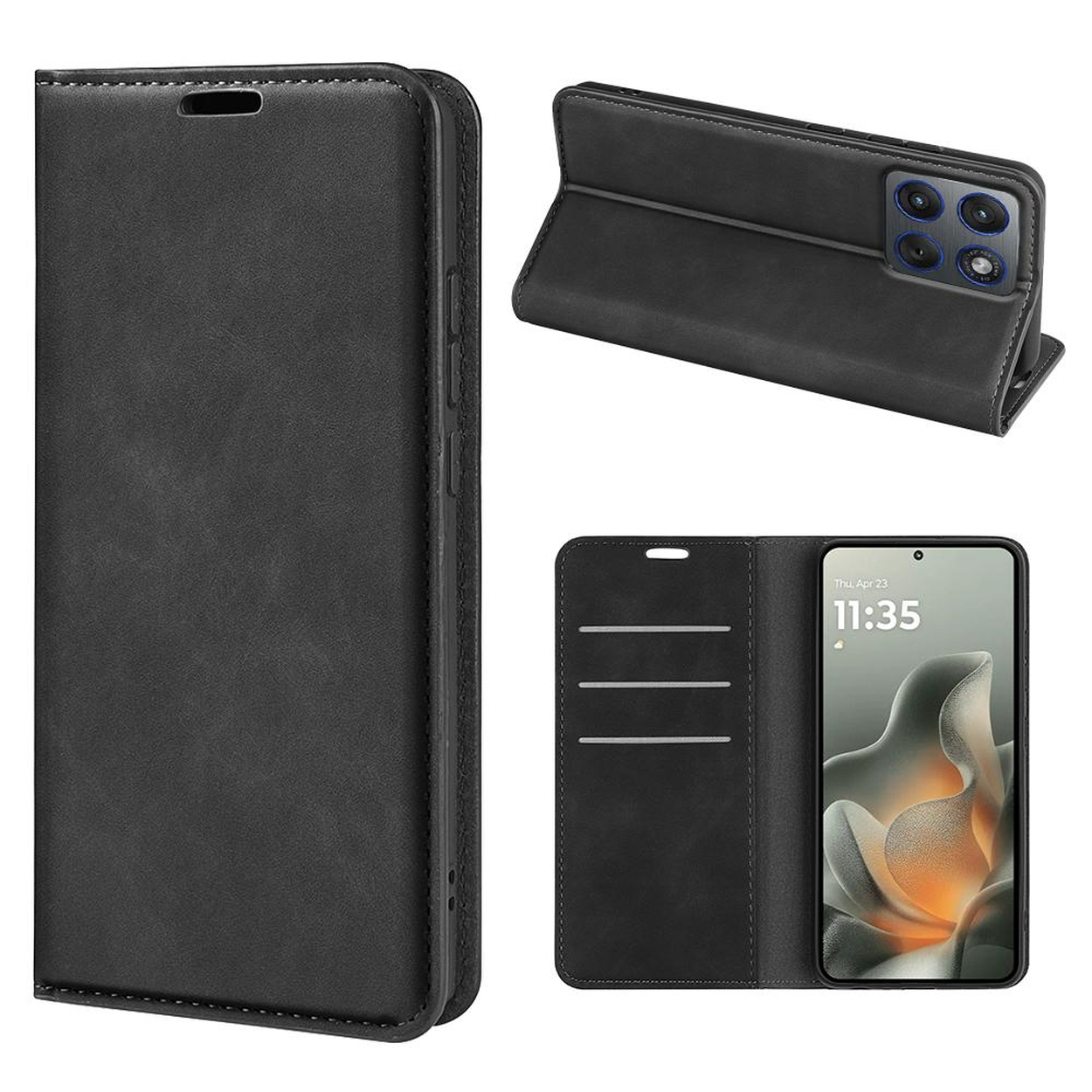 Étui à rabat noir pour smartphone, ouvert avec téléphone et fermé.