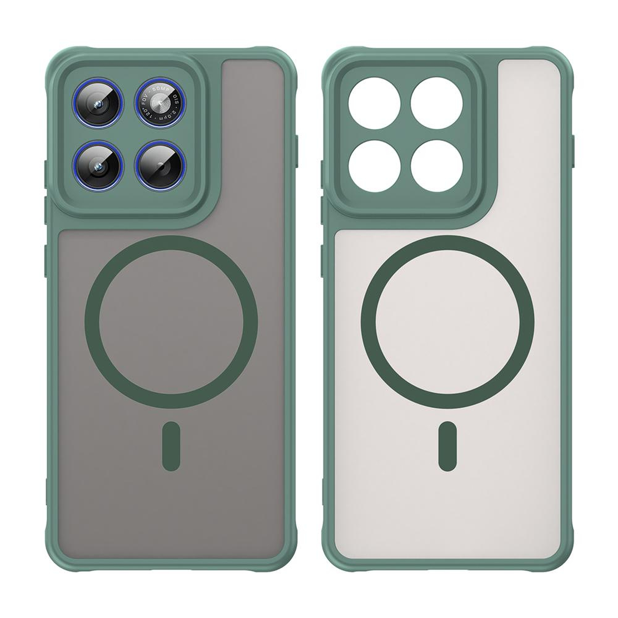 Twee groene telefoonhoesjes met camera's en magneetring op witte achtergrond.