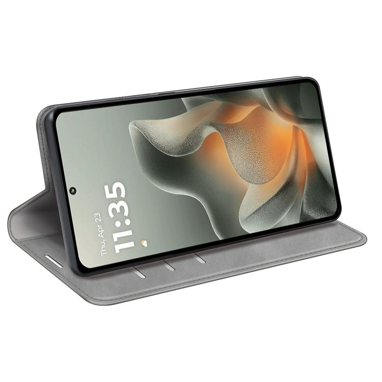 Een grijze telefoonhoes bevat een smartphone met de tijd 11:35 en een abstracte achtergrond.