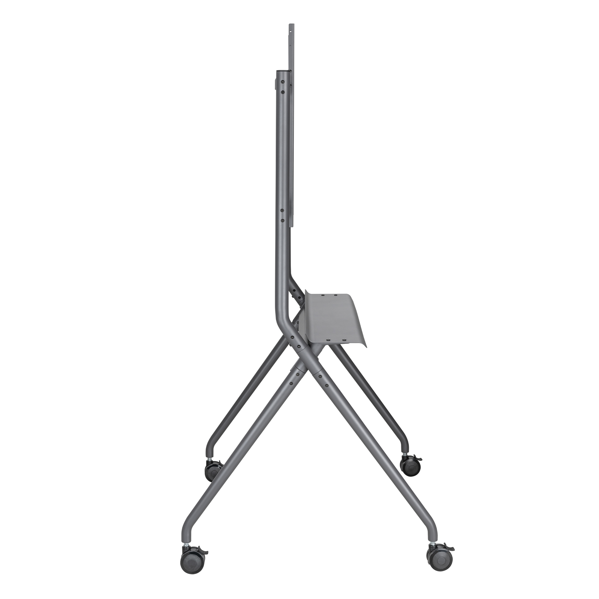 Un soporte móvil gris con ruedas, vista lateral.