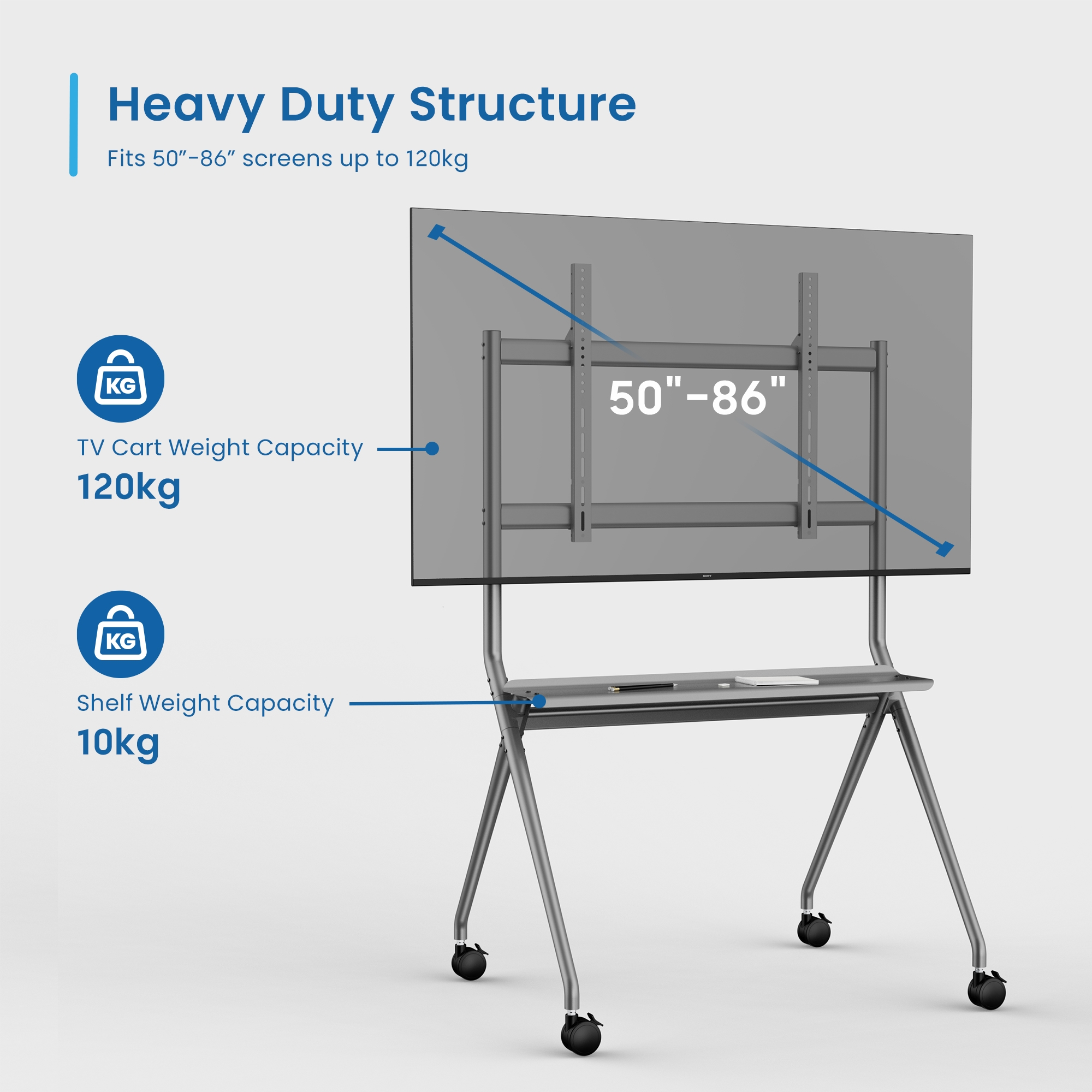 Un carrito de TV resistente para pantallas de 50-86" soporta 120kg.