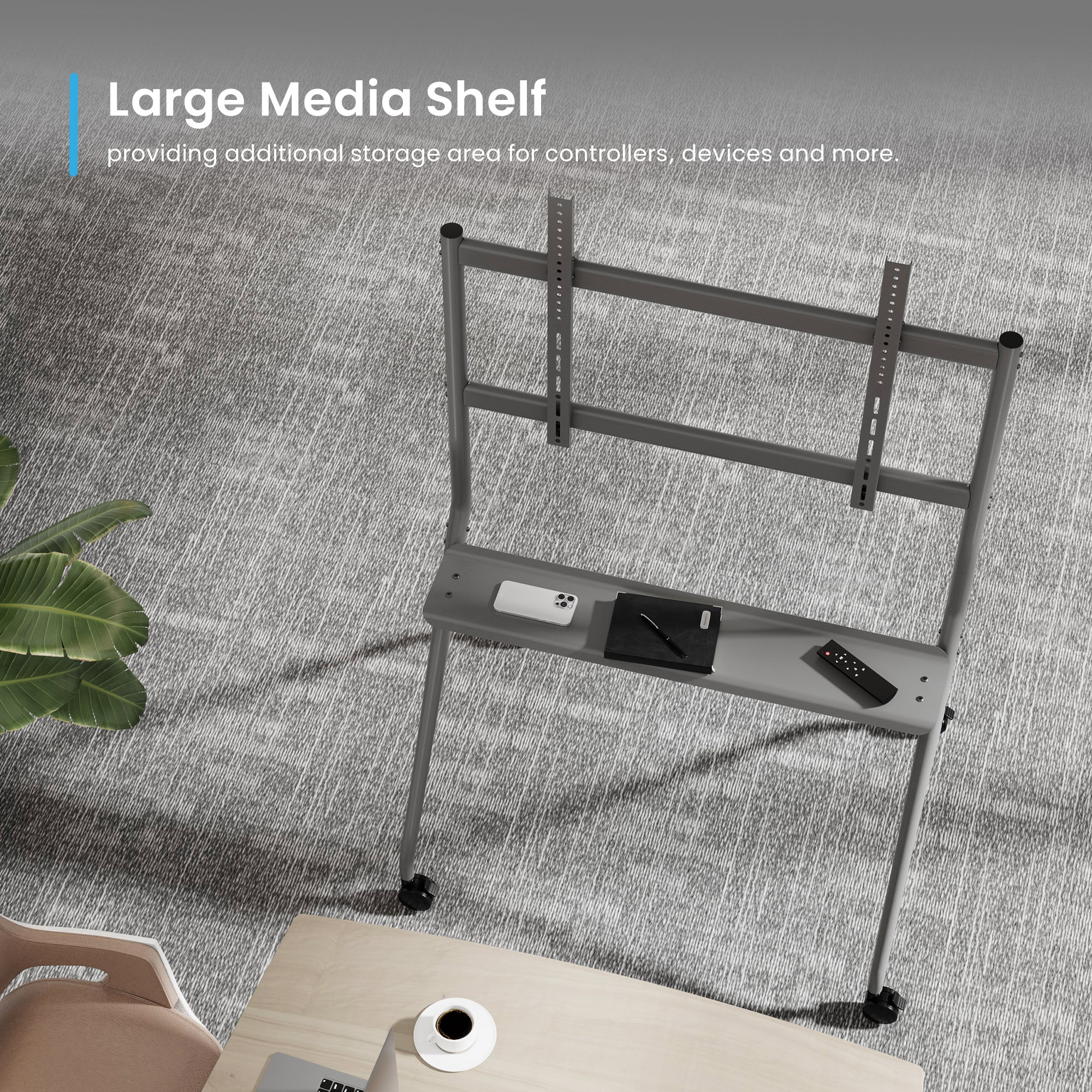 Estante multimedia gris con ruedas y un estante con smartphone, cuaderno y mando.