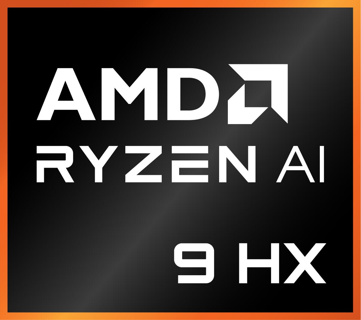 Logo AMD Ryzen AI 9 HX na czarnym tle z pomarańczową ramką.