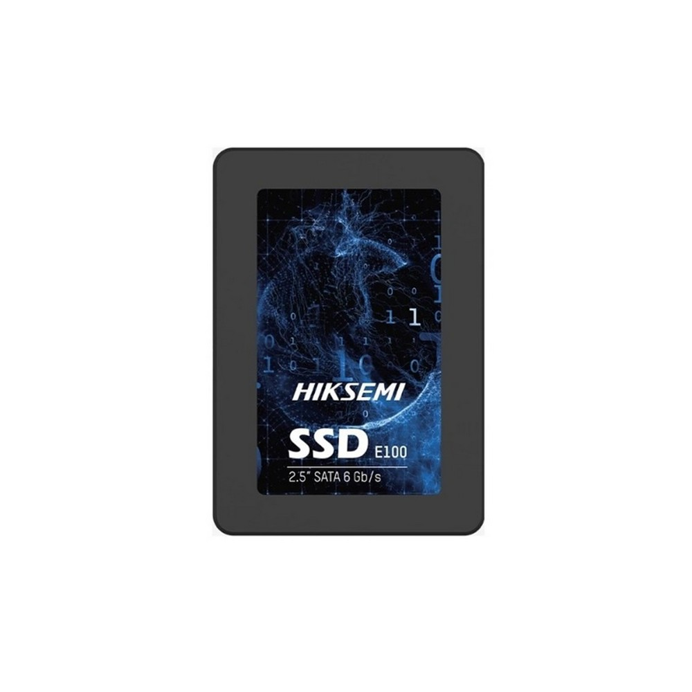 Dysk SSD HIKSEMI E100 SATA 2,5 cala z niebieskim tłem danych cyfrowych.