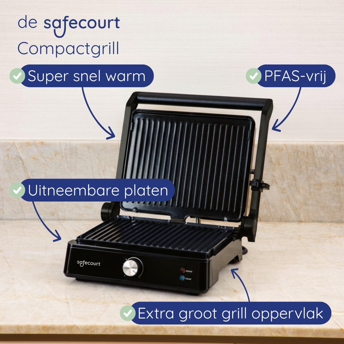 A black Safecourt Compactgrill with 'Super fast warm' and 'PFAS-free' labels.