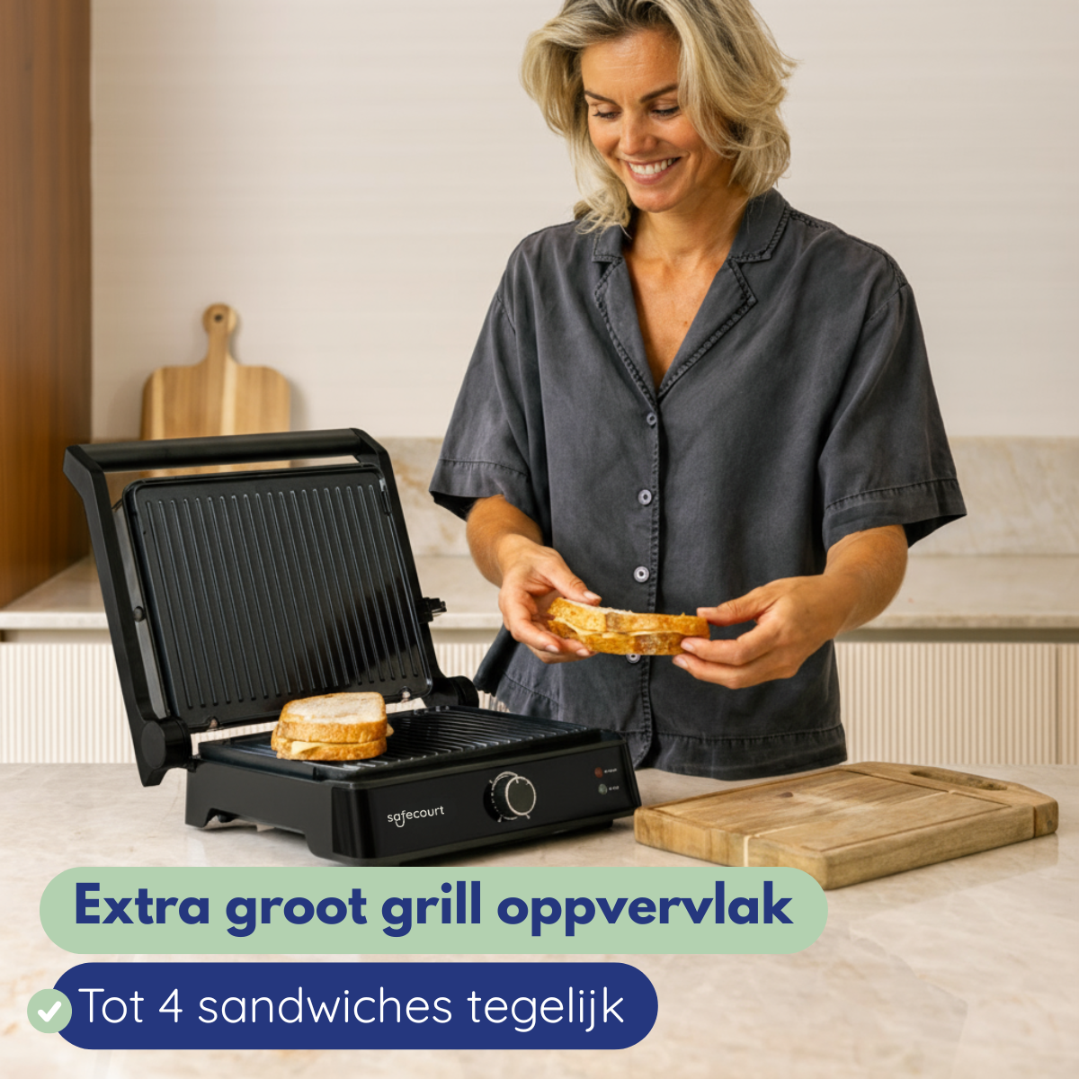 A woman makes sandwiches in a grill in a kitchen.