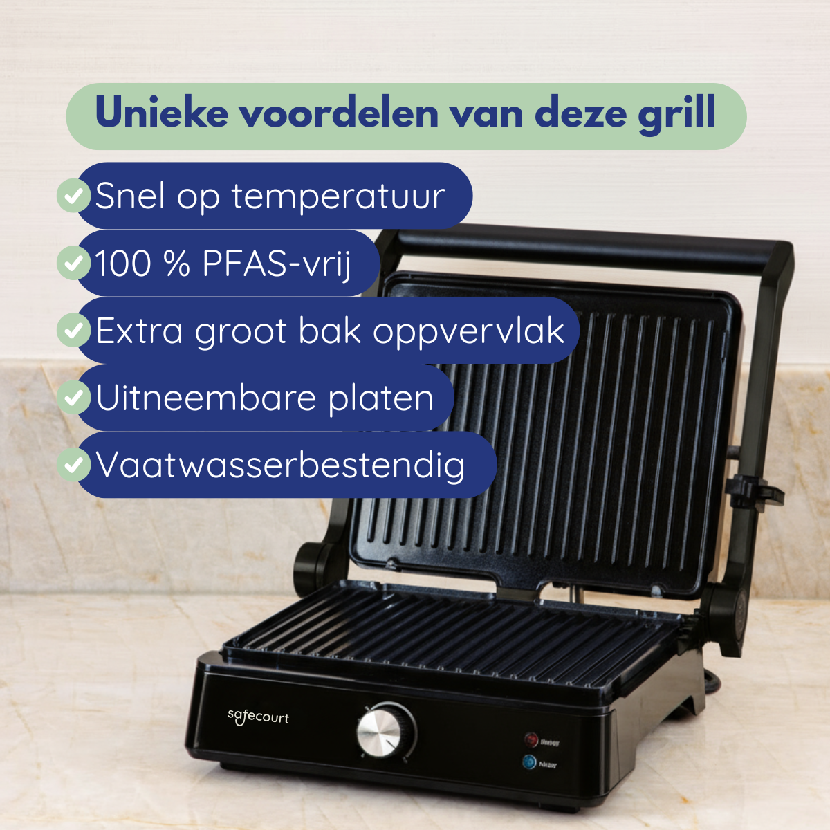 An open black contact grill with bullet points.