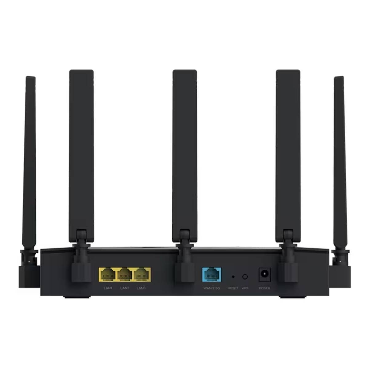 Router nero con cinque antenne e porte sul retro.