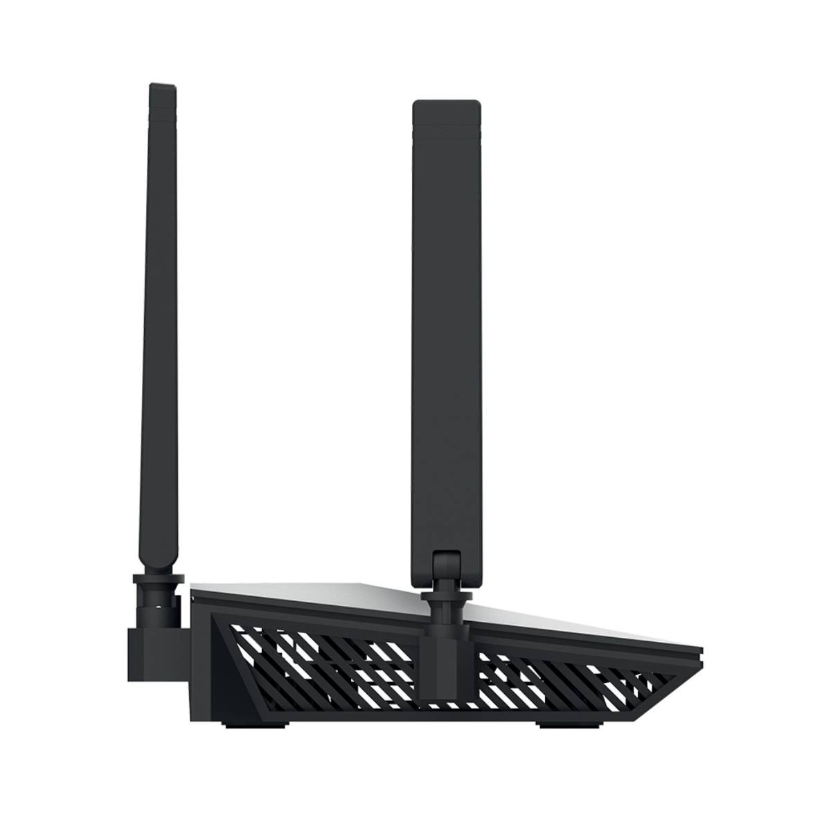 Un router nero con due antenne su sfondo bianco.