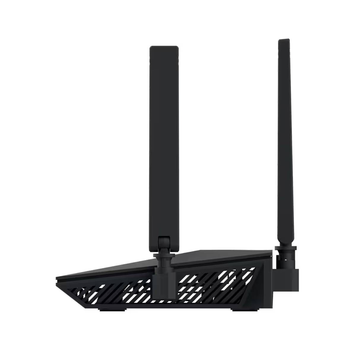 Un router nero con due antenne, isolato su sfondo bianco.