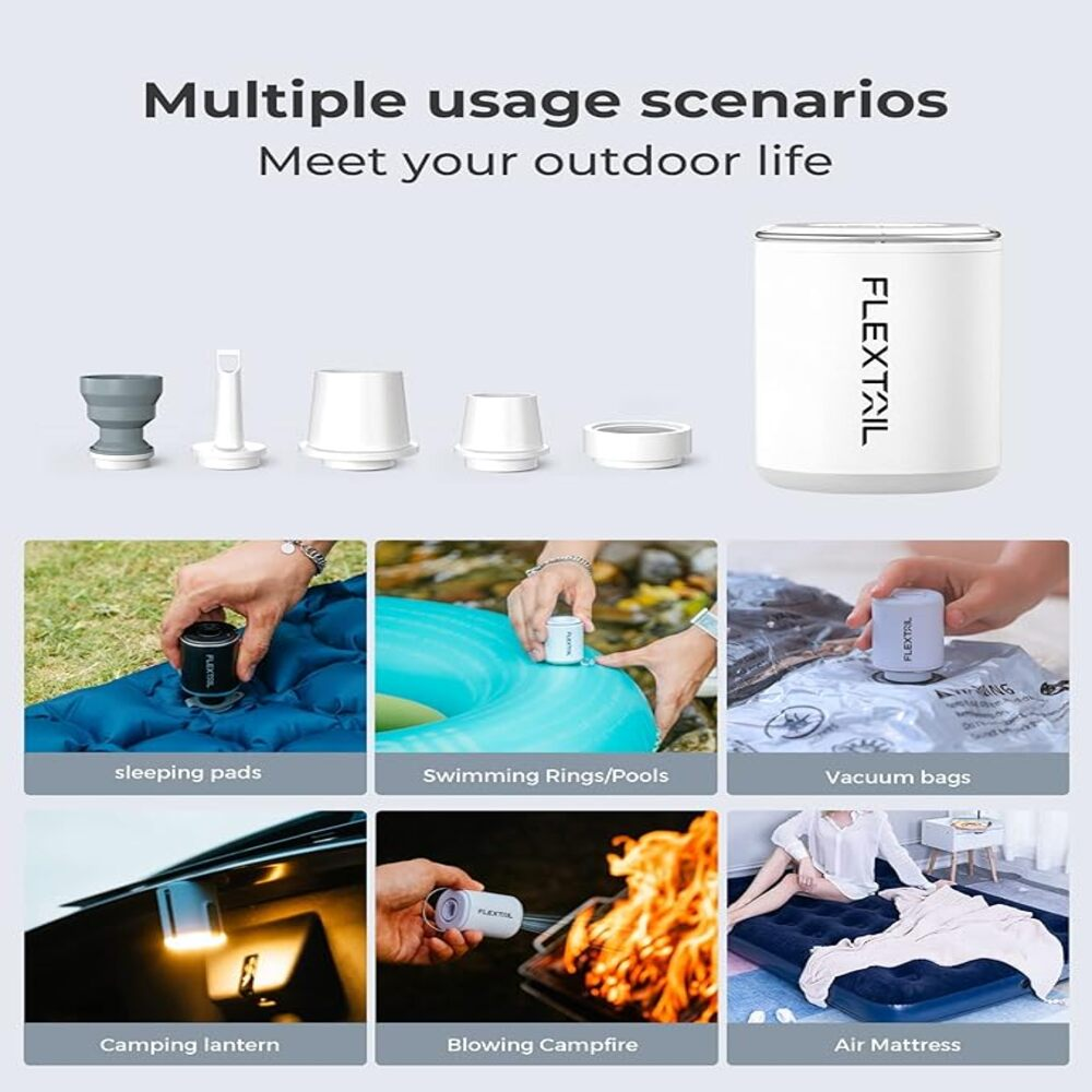 Weiße Pumpe mit Zubehör für Luftmatratzen, Pools, Taschen, Laternen, Lagerfeuer, Luftmatratzen.