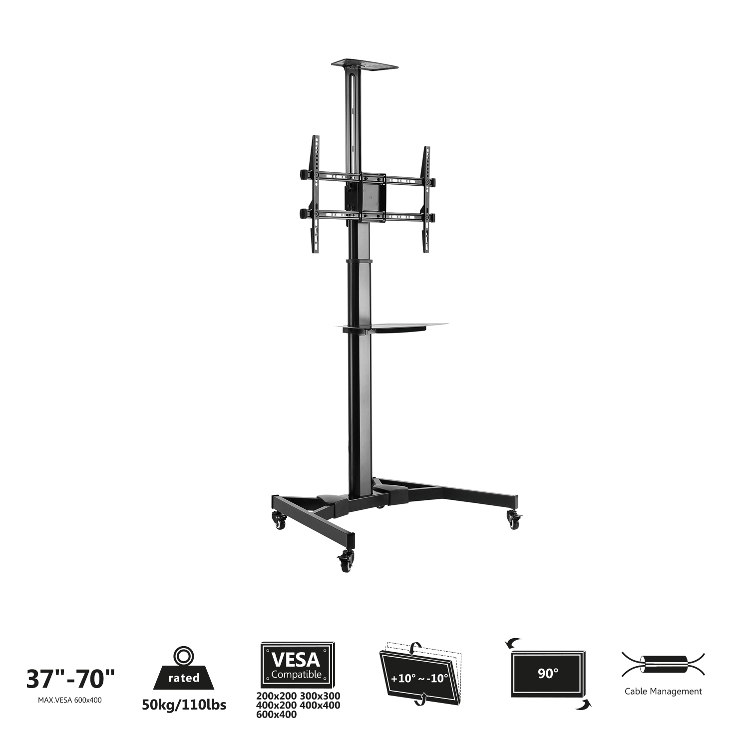 Supporto TV nero su ruote per TV 37-70 pollici, portata 50kg.
