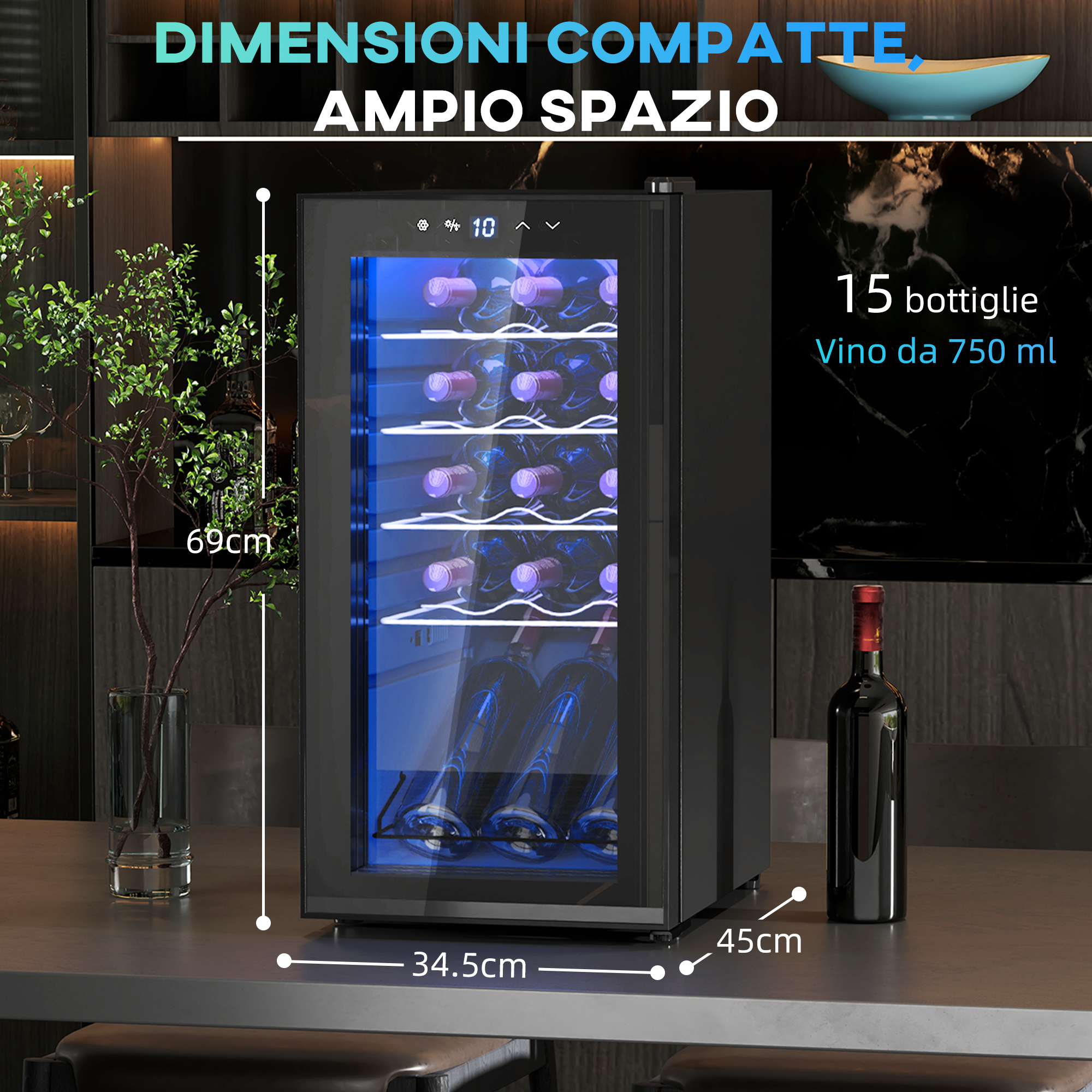 Una cantinetta nera da 15 bottiglie, illuminata da luce blu.