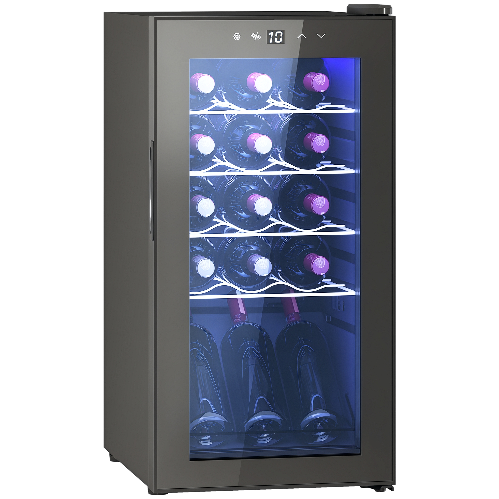 Un refrigeratore per vino scuro con porta in vetro, pieno di bottiglie.