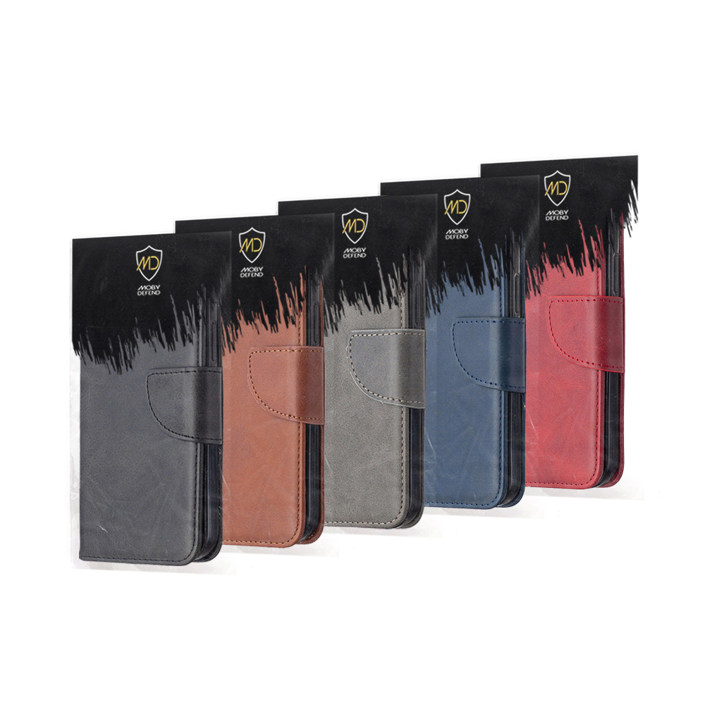 Vijf telefoonhoesjes naast elkaar in zwart, bruin, grijs, blauw en rood.