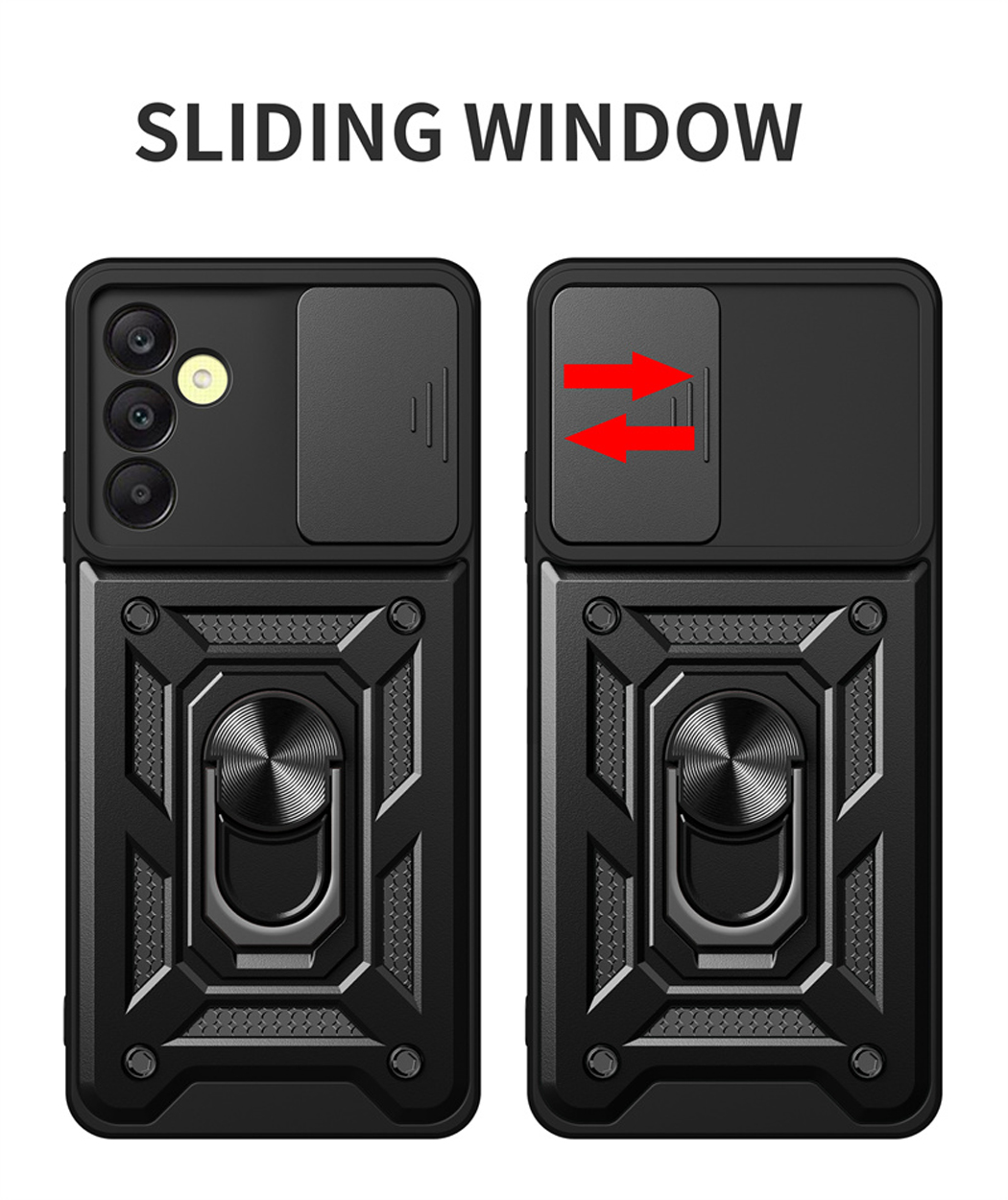 Twee zwarte telefoonhoesjes met schuifdeksel en ringhouder.