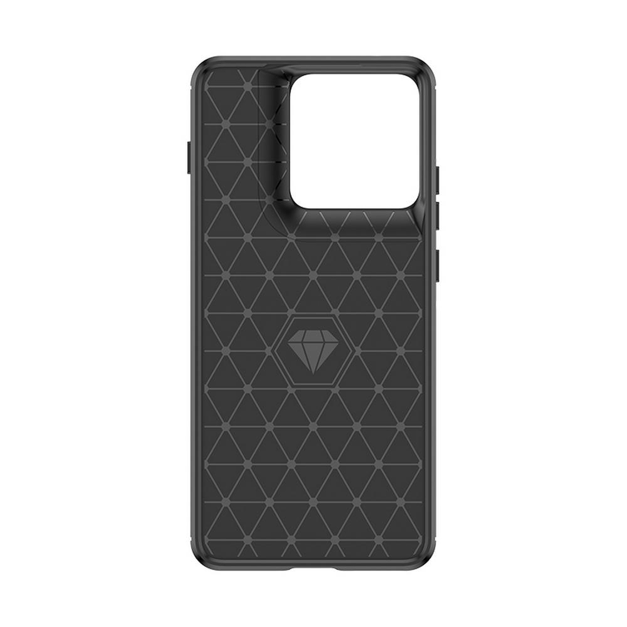 Coque de téléphone noire avec motif triangulaire et logo diamant.